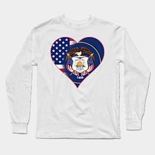 State of Utah Flag and American Flag Fusion Design Long Sleeve T-Shirt